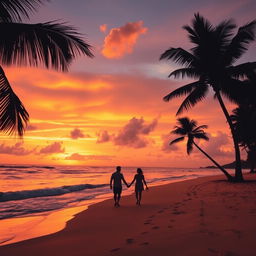 A vibrant sunset over a serene beach, with golden sand and gentle waves lapping at the shore