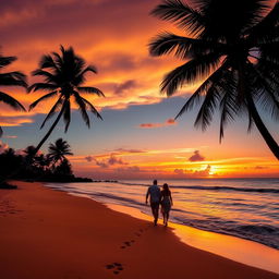 A vibrant sunset over a serene beach, with golden sand and gentle waves lapping at the shore