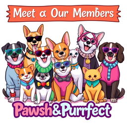 A vibrant and colorful illustration of a group of stylish pets, including dogs and cats, showcasing a variety of fashionable accessories