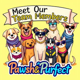 A vibrant and colorful illustration of a group of stylish pets, including dogs and cats, showcasing a variety of fashionable accessories