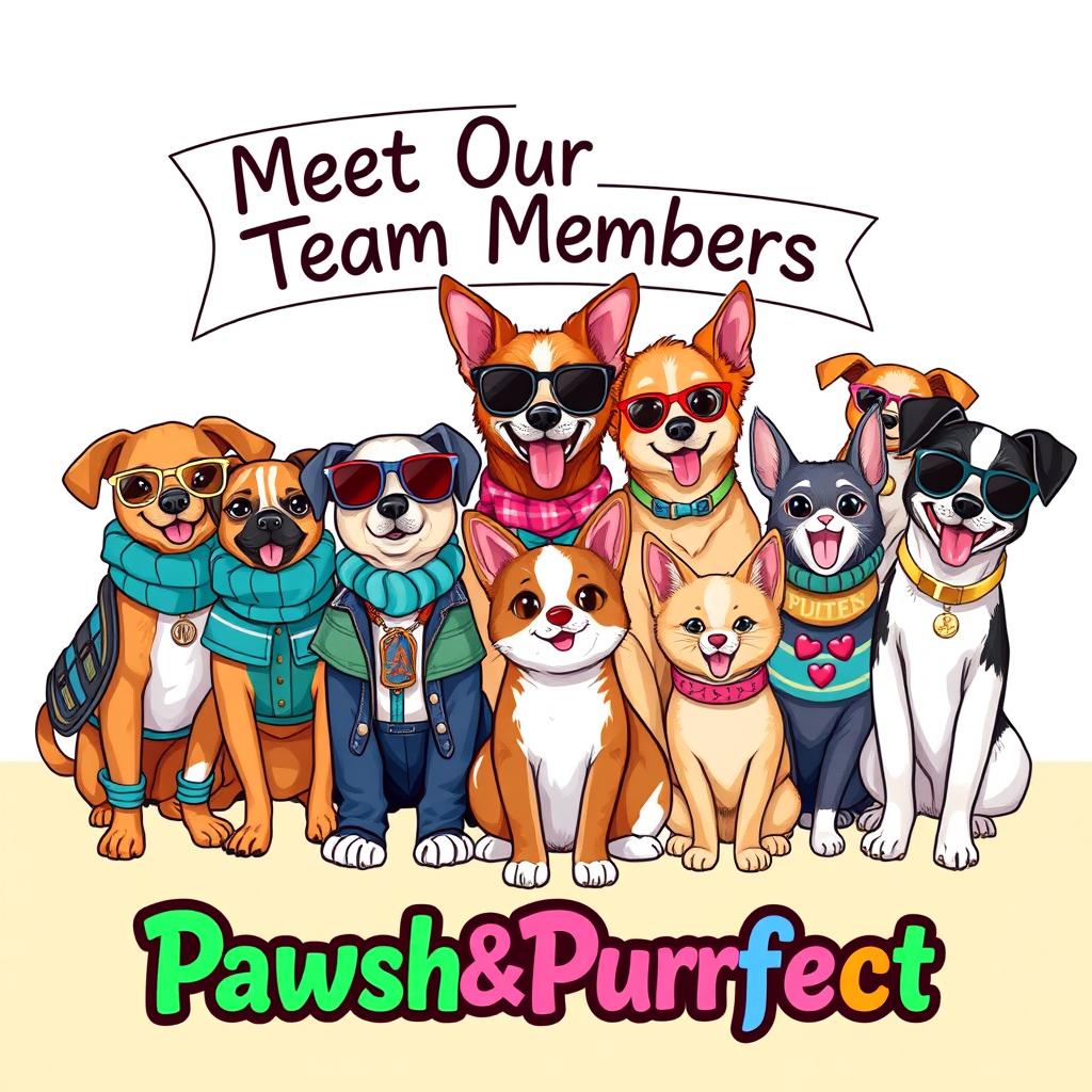 A vibrant and colorful illustration of a group of stylish pets, including dogs and cats, showcasing a variety of fashionable accessories