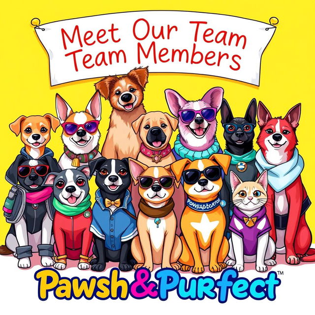 A vibrant and colorful illustration of a group of stylish pets, including dogs and cats, showcasing a variety of fashionable accessories