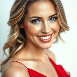 A stunning close-up portrait of an elegant woman in a flowing red dress, smiling radiantly, with long wavy hair cascading over her shoulders, sparkling blue eyes, and gentle makeup