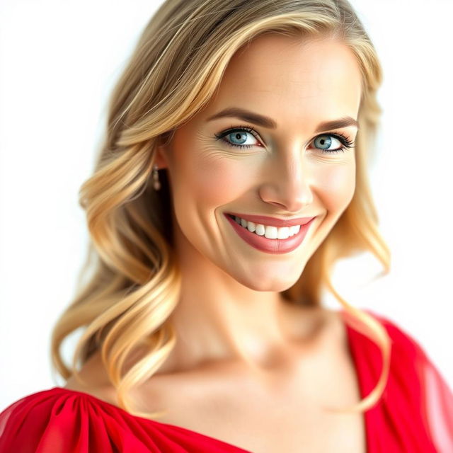 A stunning close-up portrait of an elegant woman in a flowing red dress, smiling radiantly, with long wavy hair cascading over her shoulders, sparkling blue eyes, and gentle makeup