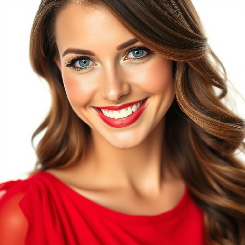 A stunning close-up portrait of an elegant woman in a flowing red dress, smiling radiantly, with long wavy hair cascading over her shoulders, sparkling blue eyes, and gentle makeup