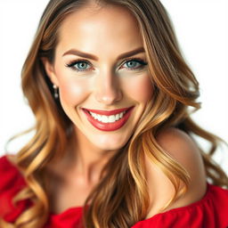 A stunning close-up portrait of an elegant woman in a flowing red dress, smiling radiantly, with long wavy hair cascading over her shoulders, sparkling blue eyes, and gentle makeup