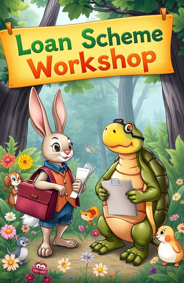 A storybook illustration of the iconic characters, Rabbit and Tortoise, discussing a loan scheme in a vibrant forest setting