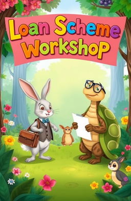 A storybook illustration of the iconic characters, Rabbit and Tortoise, discussing a loan scheme in a vibrant forest setting