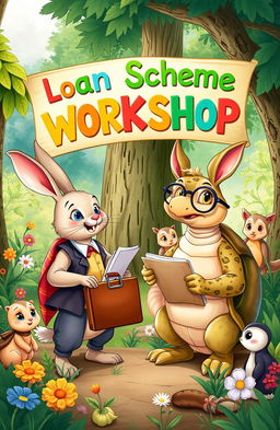 A storybook illustration of the iconic characters, Rabbit and Tortoise, discussing a loan scheme in a vibrant forest setting