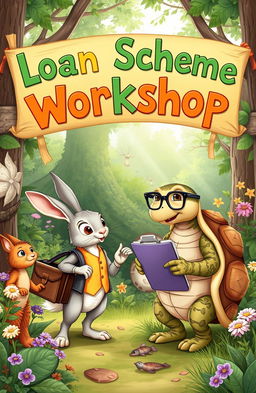 A storybook illustration of the iconic characters, Rabbit and Tortoise, discussing a loan scheme in a vibrant forest setting