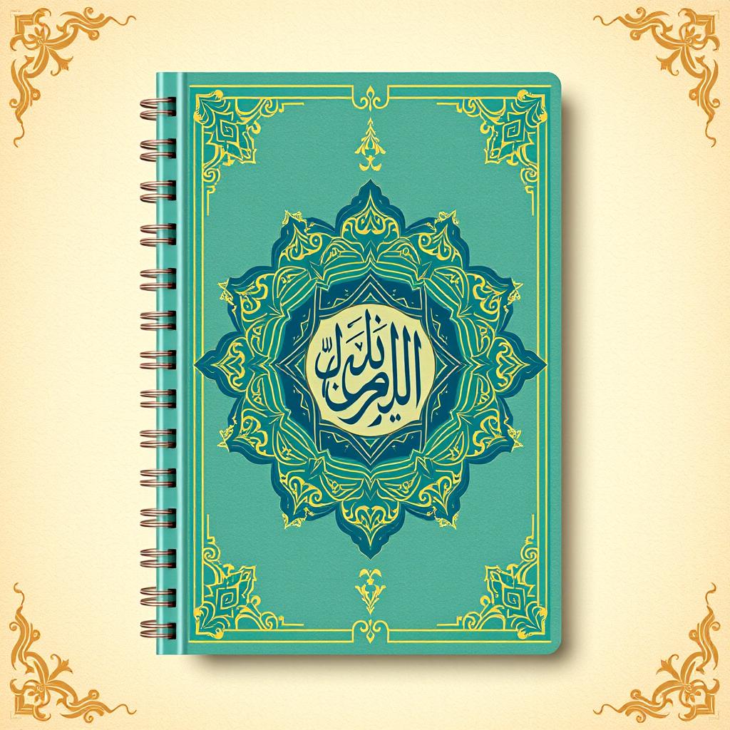 A beautiful and intricate notebook cover design that elegantly combines themes of religion and the Ahlulbayt (Family of the Prophet Muhammad)