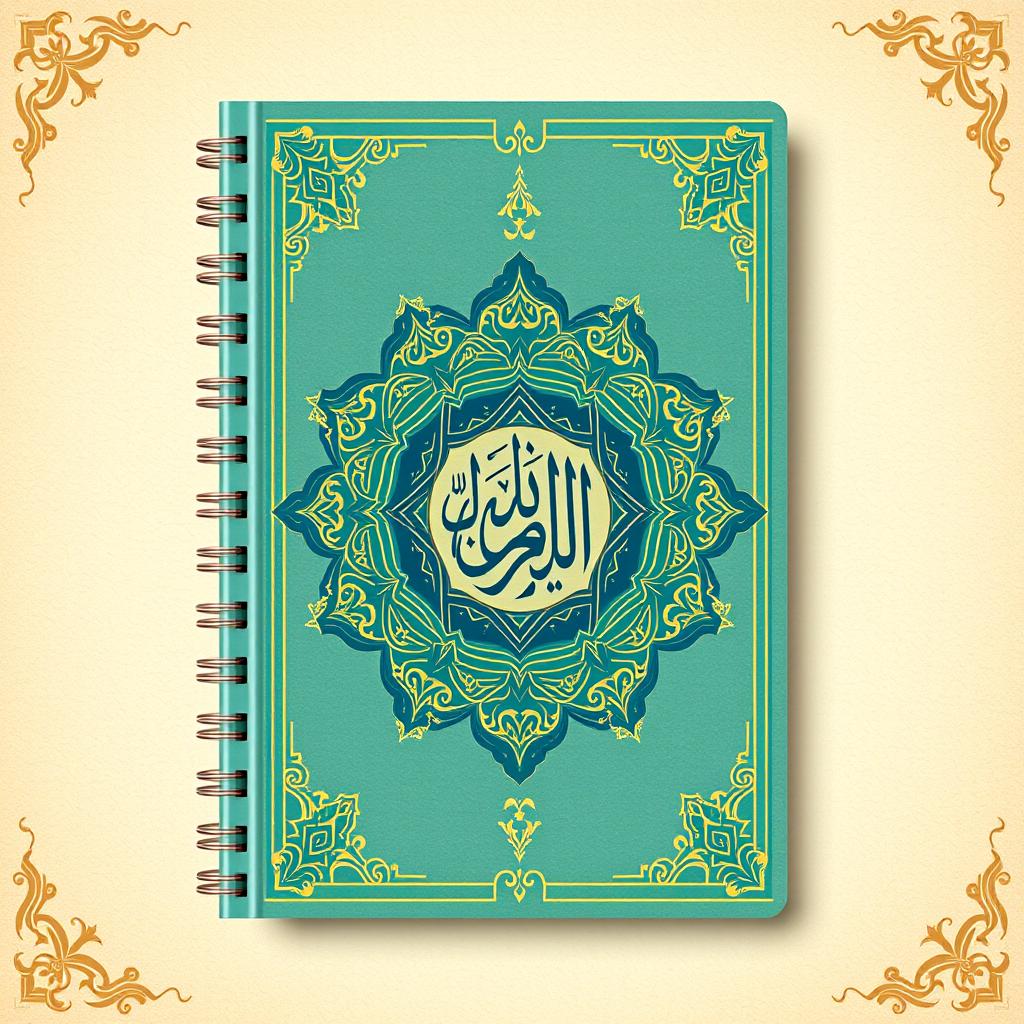 A beautiful and intricate notebook cover design that elegantly combines themes of religion and the Ahlulbayt (Family of the Prophet Muhammad)