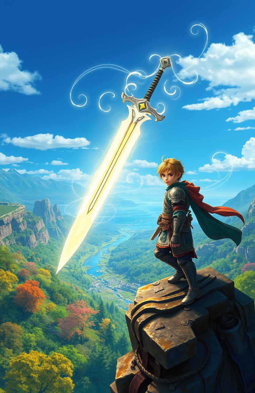 A fantasy scene depicting a young warrior clad in intricate armor, wielding a majestic sword that glows with divine light