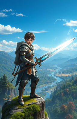 A fantasy scene depicting a young warrior clad in intricate armor, wielding a majestic sword that glows with divine light