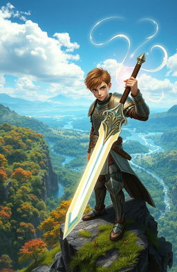 A fantasy scene depicting a young warrior clad in intricate armor, wielding a majestic sword that glows with divine light