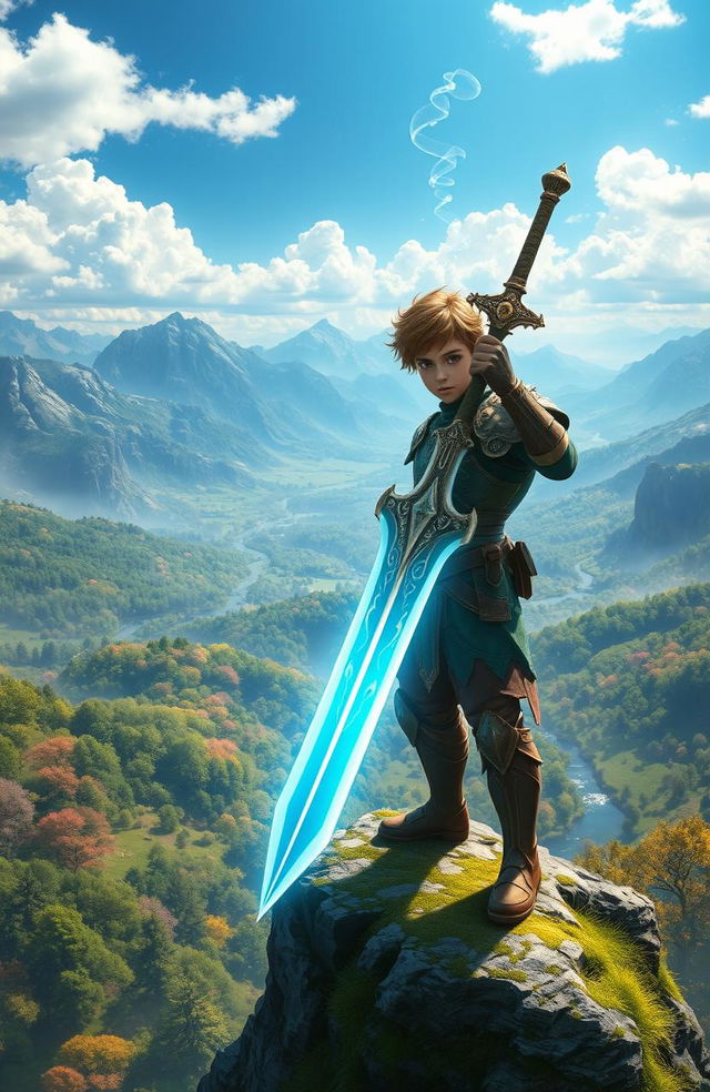 A fantasy scene depicting a young warrior clad in intricate armor, wielding a majestic sword that glows with divine light