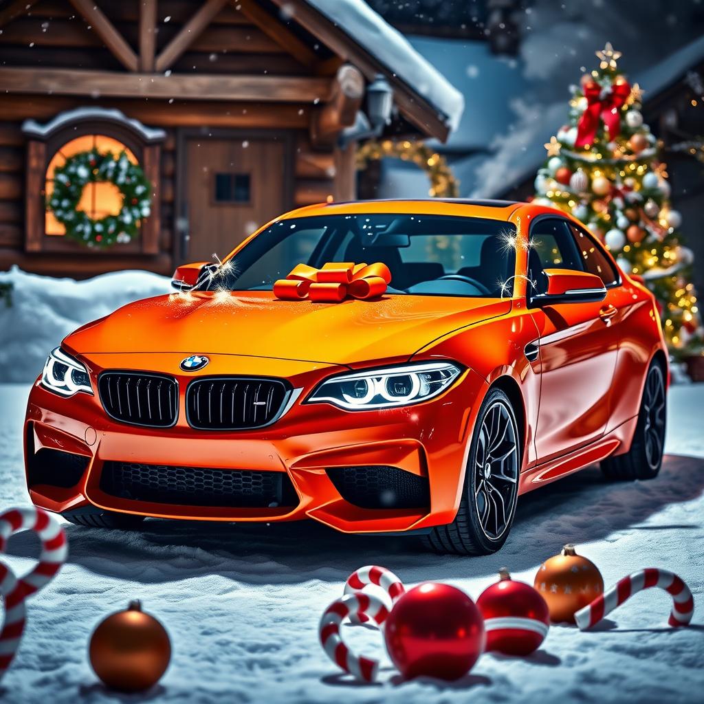 A vibrant orange BMW M2 parked in a festive winter setting, adorned with Christmas decorations