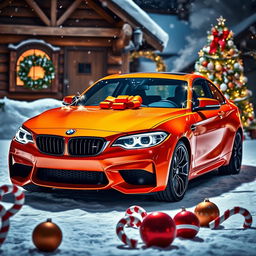 A vibrant orange BMW M2 parked in a festive winter setting, adorned with Christmas decorations