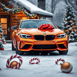 A vibrant orange BMW M2 parked in a festive winter setting, adorned with Christmas decorations