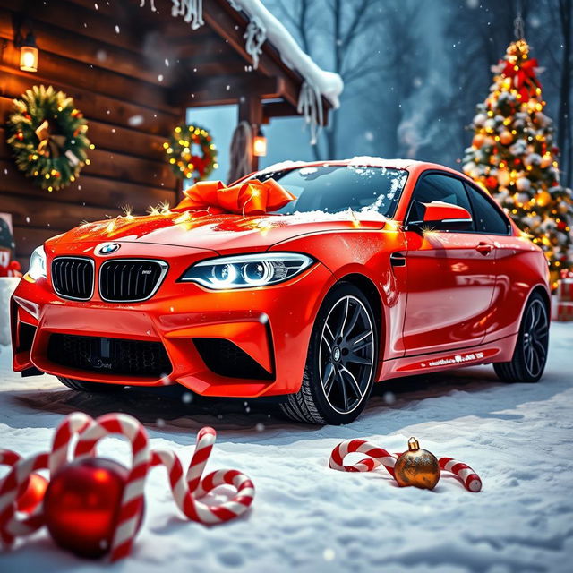 A vibrant orange BMW M2 parked in a festive winter setting, adorned with Christmas decorations