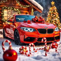 A vibrant orange BMW M2 parked in a festive winter setting, adorned with Christmas decorations