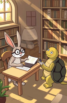 A whimsical scene depicting the classic fable of the Tortoise and the Hare, where the rabbit, wearing glasses, sits at a small desk with papers and a calculator, explaining the concept of a loan to the tortoise