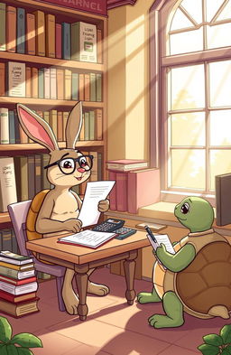 A whimsical scene depicting the classic fable of the Tortoise and the Hare, where the rabbit, wearing glasses, sits at a small desk with papers and a calculator, explaining the concept of a loan to the tortoise