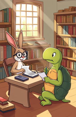 A whimsical scene depicting the classic fable of the Tortoise and the Hare, where the rabbit, wearing glasses, sits at a small desk with papers and a calculator, explaining the concept of a loan to the tortoise