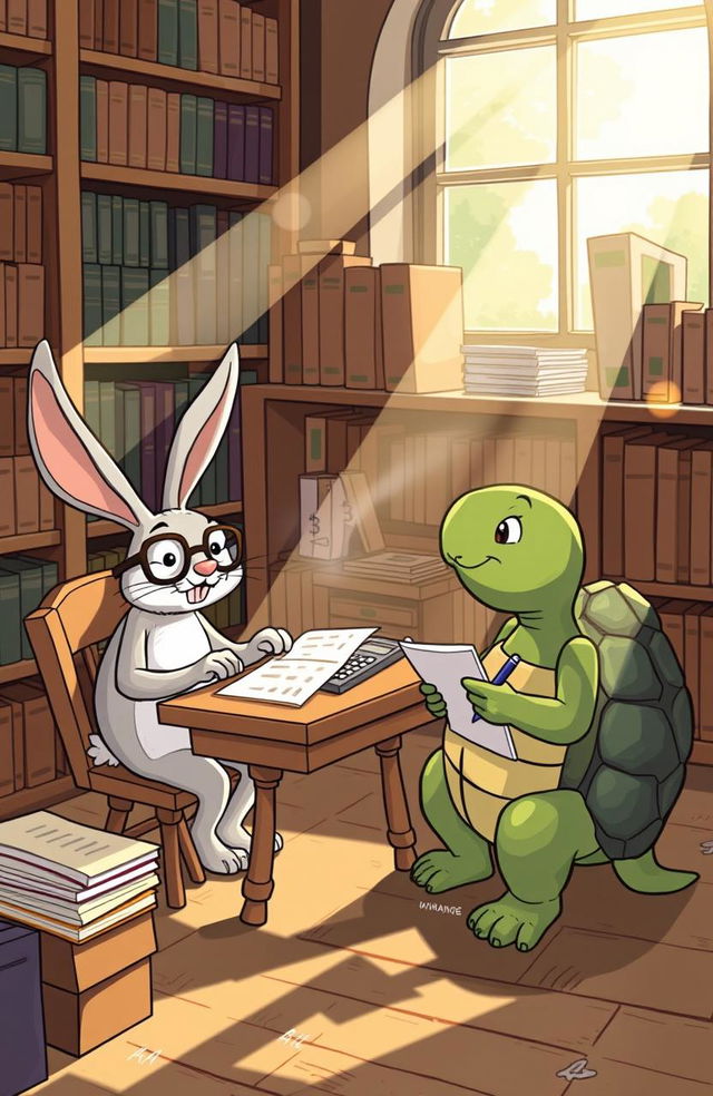 A whimsical scene depicting the classic fable of the Tortoise and the Hare, where the rabbit, wearing glasses, sits at a small desk with papers and a calculator, explaining the concept of a loan to the tortoise