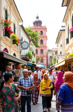 A vibrant street scene depicting cultural diversity in Malang Raya, featuring people of various ethnic backgrounds engaging in lively conversations
