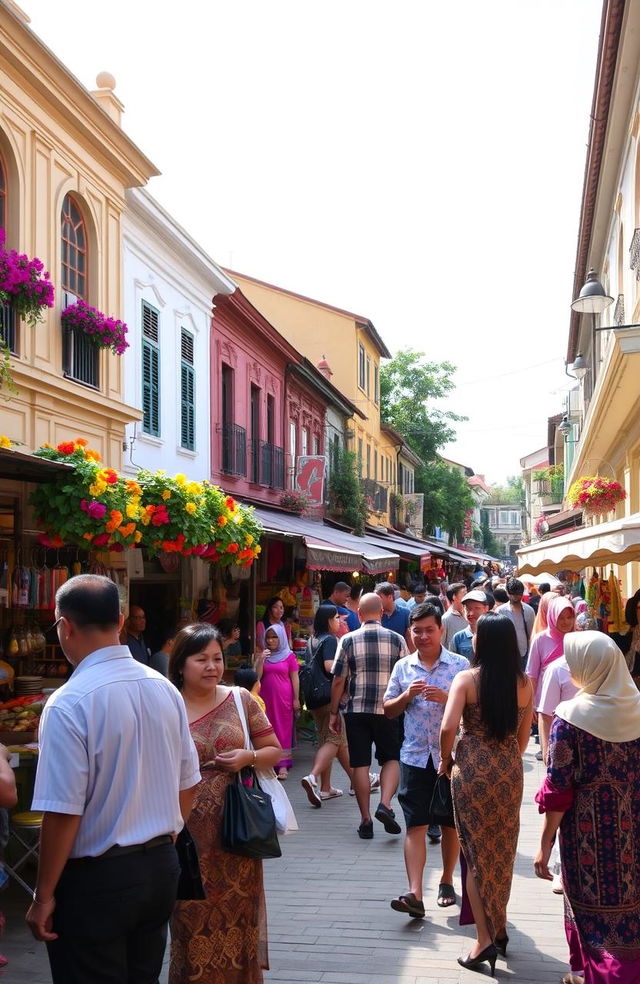 A vibrant street scene depicting cultural diversity in Malang Raya, featuring people of various ethnic backgrounds engaging in lively conversations