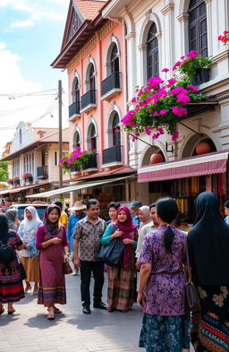 A vibrant street scene depicting cultural diversity in Malang Raya, featuring people of various ethnic backgrounds engaging in lively conversations