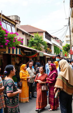 A vibrant street scene depicting cultural diversity in Malang Raya, featuring people of various ethnic backgrounds engaging in lively conversations