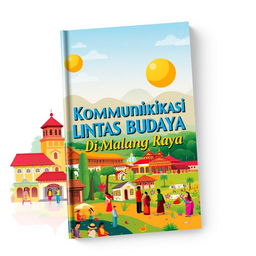 A book cover design featuring the title 'Komunikasi Lintas Budaya di Malang Raya' prominently displayed