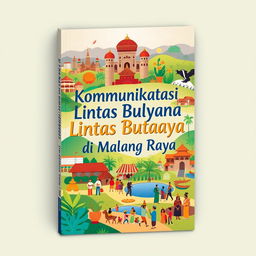 A book cover design featuring the title 'Komunikasi Lintas Budaya di Malang Raya' prominently displayed