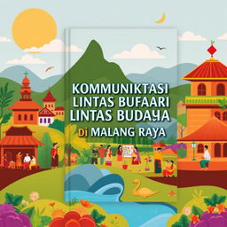 A book cover design featuring the title 'Komunikasi Lintas Budaya di Malang Raya' prominently displayed