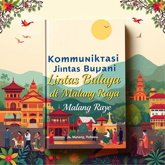 A book cover design featuring the title 'Komunikasi Lintas Budaya di Malang Raya' prominently displayed