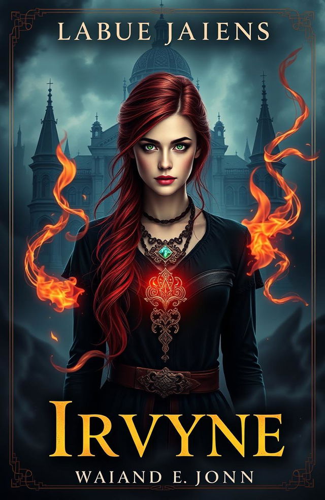 A dark and mystical fantasy book cover featuring Irvyne, a young woman with striking red hair and captivating green eyes, standing as the central figure