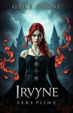 A dark and mystical fantasy book cover featuring Irvyne, a young woman with striking red hair and captivating green eyes, standing as the central figure