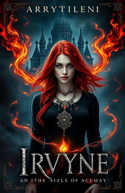 A dark and mystical fantasy book cover featuring Irvyne, a young woman with striking red hair and captivating green eyes, standing as the central figure