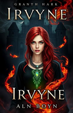 A dark and mystical fantasy book cover featuring Irvyne, a young woman with striking red hair and captivating green eyes, standing as the central figure
