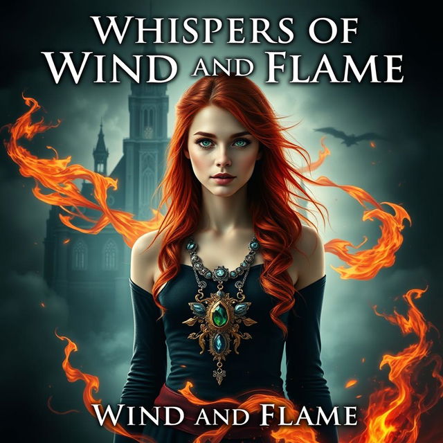 A fantasy book cover titled 'Whispers of Wind and Flame,' featuring Irvyne, a young woman with vivid red hair and enchanting green eyes, standing prominently in the foreground