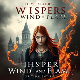 A fantasy book cover titled 'Whispers of Wind and Flame,' featuring Irvyne, a young woman with vivid red hair and enchanting green eyes, standing prominently in the foreground