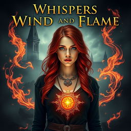 A fantasy book cover titled 'Whispers of Wind and Flame,' featuring Irvyne, a young woman with vivid red hair and enchanting green eyes, standing prominently in the foreground