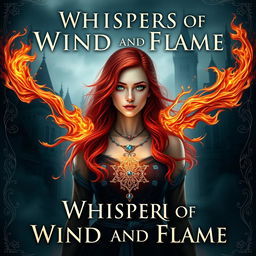A fantasy book cover titled 'Whispers of Wind and Flame,' featuring Irvyne, a young woman with vivid red hair and enchanting green eyes, standing prominently in the foreground