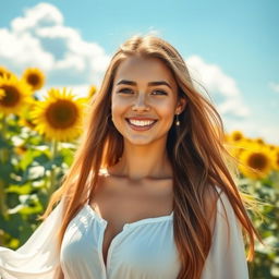 A stunning portrait of a young woman with long flowing hair, standing in a vibrant sunflower field