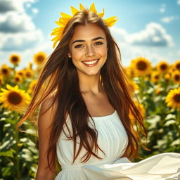 A stunning portrait of a young woman with long flowing hair, standing in a vibrant sunflower field