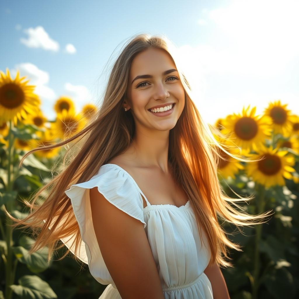 A stunning portrait of a young woman with long flowing hair, standing in a vibrant sunflower field