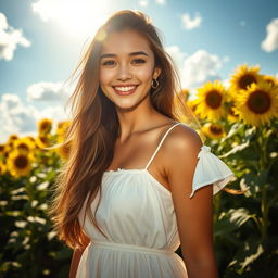 A stunning portrait of a young woman with long flowing hair, standing in a vibrant sunflower field