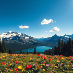 A stunning mountain landscape featuring snow-capped peaks under a clear blue sky